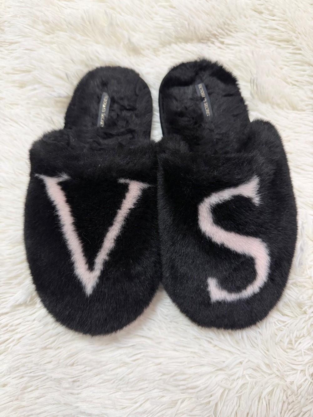 Victoria's Secret Black Faux Fur Slide Slippers with Pink Lettering - Picture 2 of 3